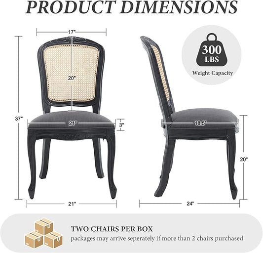 Wicker Dining Chairs Set of 4, Upholstered Linen Fabric Dining Room Chairs with Square High Rattan Back Farmhouse French Kitchen Chairs for Dining Table/Living Room/Restaurant, Black