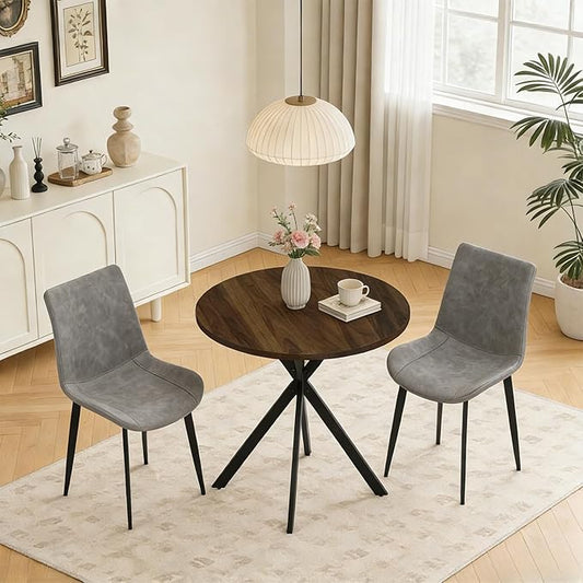 31.5" Round Dining Table and Chairs Set for 2, Small Dining Table Chairs Set Space-Saving, Small Dinette Sets for 2 for Kitchen Dining Room Apartment(Walnut Table + Gray Chairs)