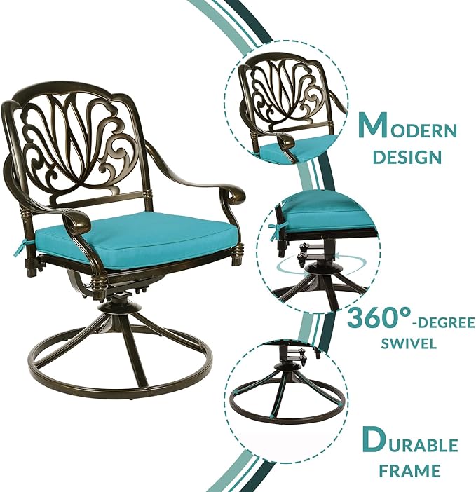 MEETWARM 9-Piece Outdoor Patio Dining Set, All-Weather Cast Aluminum Patio Conversation Set with 2 Swivel Rocker Chairs, 6 Stationary, 1 Oval Table, 8 Cushions, 2" Umbrella Hole, Ocean Blue