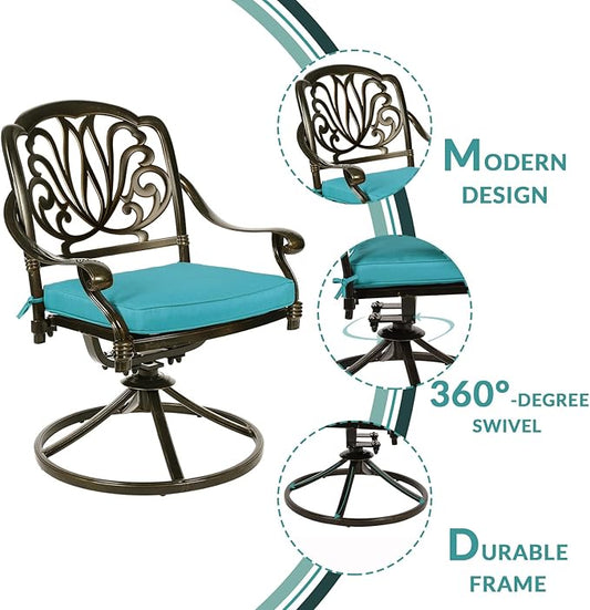 MEETWARM 9-Piece Outdoor Patio Dining Set, All-Weather Cast Aluminum Patio Conversation Set for Backyard Garden Deck with 8 Cushioned Swivel Rocker Chairs, 1 Oval Table, 2" Umbrella Hole, Ocean Blue