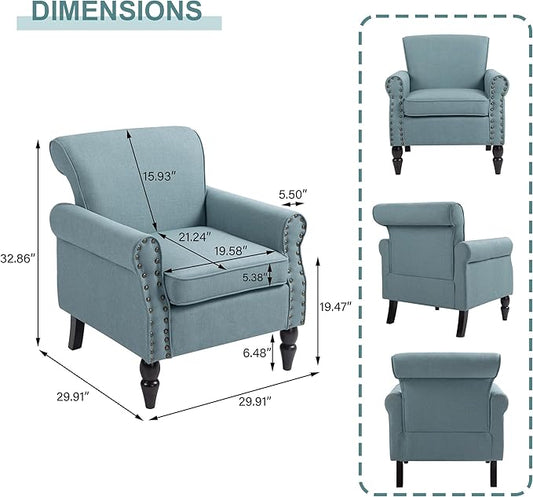 Accent Chair, Upholstered Armchair with High Resilience Sponge & Wood Legs, Mid-Century Modern Comfy Single Sofa Reading Chairs for Living Room, Bedroom (Blue, Set of 2)