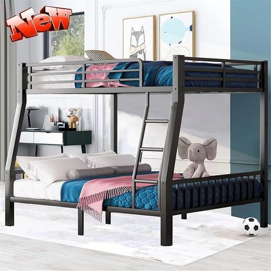 Upgraded Version Thicken Metal Full XL Over Queen Bunk Bed, Stronger Heavy Duty Steel Bunk Bed Full Over Queen Size, Best Bunkbed Frame for Adults, Easy Assembly, Black (Full XL Over Queen)