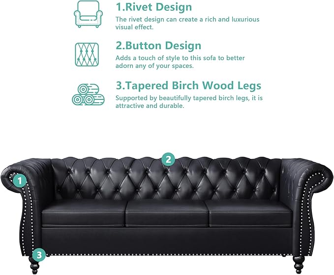 Home Sofa Living Room Furniture, 3 Seater Leather Upholstered Sofa Couch, Modern Comfy Couch with Faux Leather Cushions, Mid Century Tufted Chesterfield Sofas for Bedroom, Office, Apartment (Black)