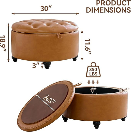 30Inch Round Storage Ottoman with Tray, Modern Tufted Leather Circle Coffee Table with Storage, Upholstered Ottoman with Removable Top for Living Room, Bedroom, Leather Brown