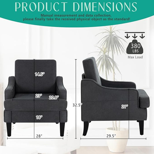 Modern Accent Chair for Bedroom Upholstered Reading Chair with Side Pockets Comfy Living Room Chairs Living Room Armchair with Wood Legs for Office, Apartment (Charcoal)