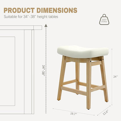Counter Height Bar Stools Set of 2 for Kitchen Island Modern Barstools with Upholstered Faux Leather Backless Seat and Solid Wood Legs, 24 inch Farmhouse Bar Chairs, White