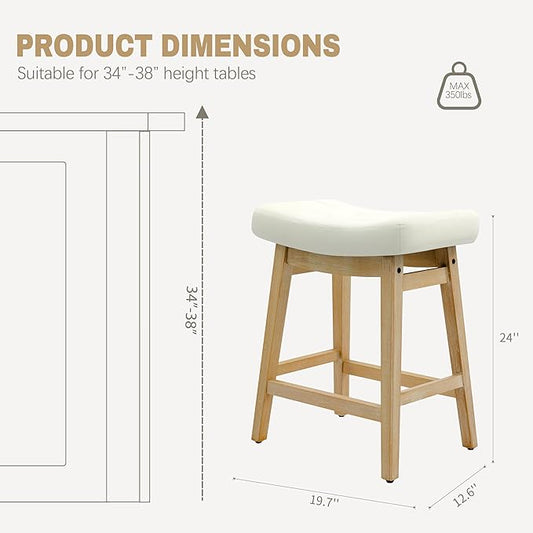 Counter Height Bar Stools Set of 2 for Kitchen Island Modern Barstools with Upholstered Faux Leather Backless Seat and Solid Wood Legs, 24 inch Farmhouse Bar Chairs, White