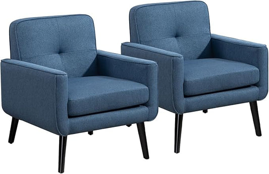 Accent Chair Set of 2, Fabric Modern Chair with Wooden Frame, Cozy Armchair Reading Chair with Comfy Back for Apartment, Living Room, Bedroom, Waiting Room, Small Space, Corner, Blue