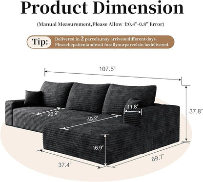 107.5" Cloud Modular Sectional Sofa with L-Shape Chaise, Modern Upholstered Couches for Living Room, Deep Seat Boneless Couch, No Assembly Required, Plush Corduroy Fabric (Black, Right Facing Chaise)