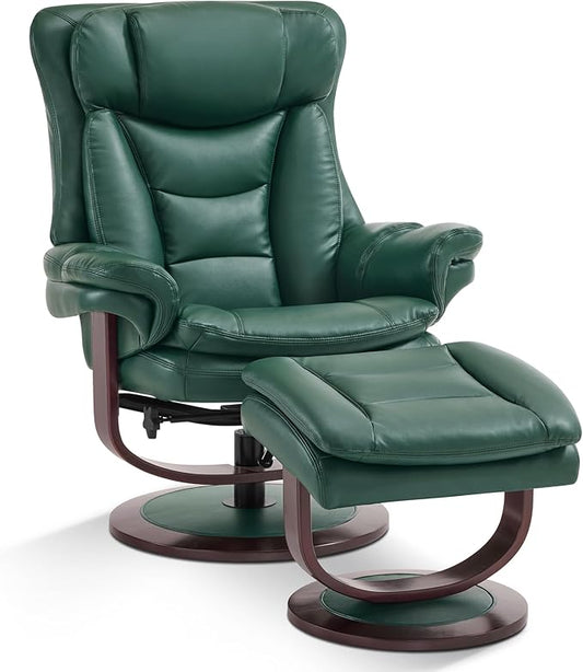 MCombo Oversized Swivel Recliner Chair with Ottoman, Adjustable Backrest, 360° Wood Base, High Seat, Faux Leather Lounge Chair for Tall Users in Living Room, Bedroom, or Office 4651 (Green)