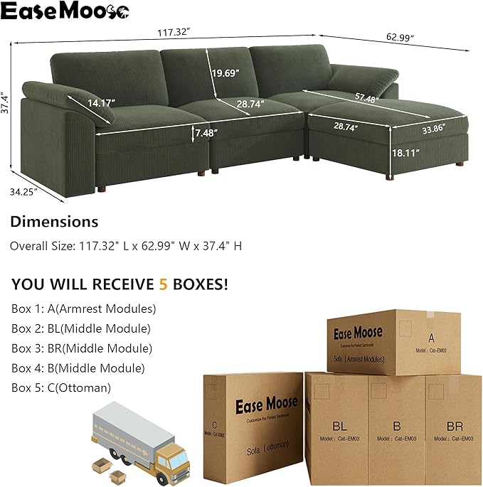 EASE MOOSE Sectional Modular Sofa,Oversized L Shape Sectional Couch Wide Deep Seat Modular Cloud Couch,Green