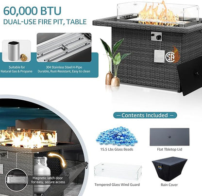NICESOUL 29.3'' High-Back Outdoor Patio Furniture Set with Firepit Propane & Natural Gas, Oversized Deep Seat Rattan Conversations for Tall People, 7 Piece Couches, 2 Color Cushions Turquoise & Grey