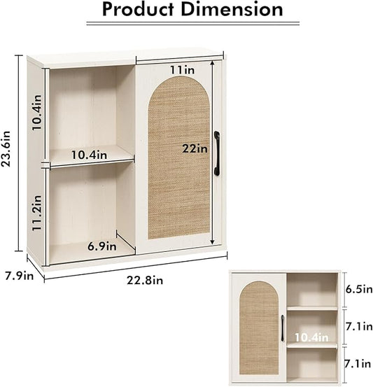 RUSTOWN Boho Rattan Wall Cabinet, Midcentury Bathroom Cabinet with Sliding Door, Adjustable Shelves, Over The Toilet Storage Cabinet (Vintage White)