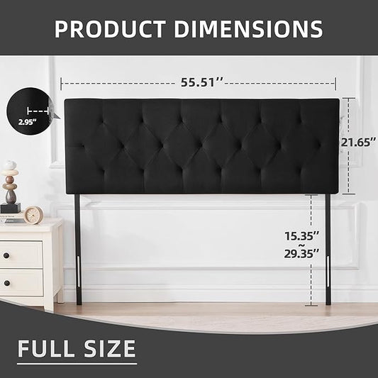 Linen Upholstered Headboard Full Size, Modern Diamond Tufting Solid Wood Full XL Headboard Only, Adjustable Height from 37” to 51” Head Board, Bed Frame or Wall Mount Headboards, Black