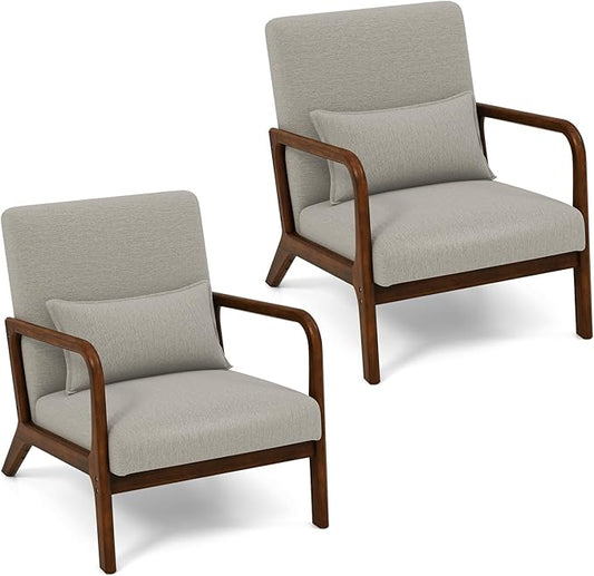 KOMFOTT Mid-Century Modern Accent Chair Set of 2, Living Room Leisure Chair with Cushioned Seat & Back, Upholstered Armchair with Rubber Wood Frame & Lumbar Pillow, Lounge Chair for Bedroom, Grey