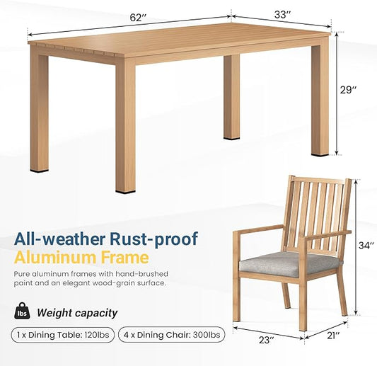 Wisteria Lane 5 Pieces Patio Table and Chairs Set, Aluminum Outdoor Dining Table with 4 Chairs, Outdoor Patio Dining Sets with Removable Cushion for Garden, Backyard, Lawn, Brown