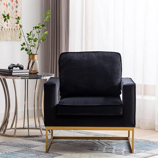 Modern Accent Chair Set of 2, Velvet Upholstered Side Chair with Backrest, Comfy Armchair Side Chair with Golden Metal Base for Living Room Reception Room, Black