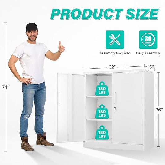SISESOL 36 inch Storage Cabinet with Doors and Shelves,White Metal Storage Cabinet,Small Locking Metal Cabinets,Short Steel Counter Cabinets with Lock for Garage Home Office Pantry