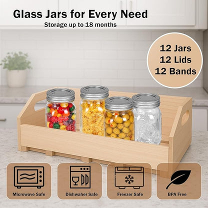 Ball Regular Mouth Mason Jars 16 oz. (12 Pack) - Pint Size Jars with Airtight Lids and Bands for Canning, Fermenting, Pickling, Meal Prep or DIY Decors and Projects Bundled with Peaknip Jar Opener