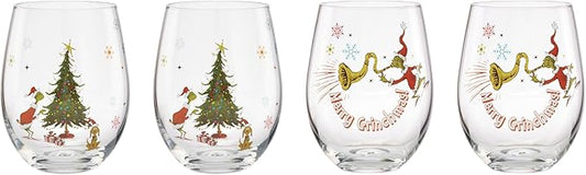 Lenox 896895 Merry Grinchmas Glass Tumblers, Set of 4, Assorted, Christmas Drinkware, Holiday Hosting