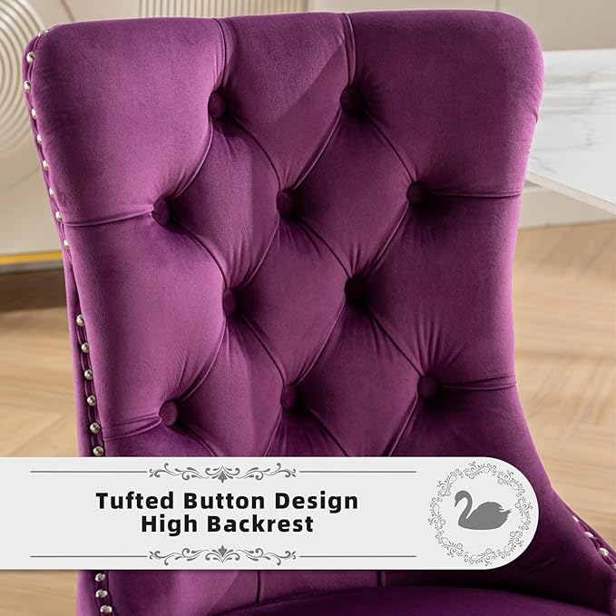 Velvet Upholstered Dining Chairs Set of 6, Modern Kitchen Side Chairs with Nailhead Trim and Silver Plated Leg, Metal Pulling Ring for Dining Room Living Room(Purple-Silver Plated Leg)
