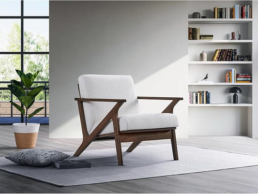 Zola Mid Century Modern Accent Chair Arm Chair: The Perfect Reading, Living Room, and Bedroom Chairs for Modern Home Furniture Use! Solid Wood Frame, White Boucle/Walnut
