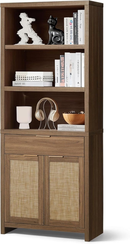 Hampstead Bookcase, Rattan Bookcase with Doors Cabinet and Drawer, 5-Tier Bookshelf, Large Wooden Book Case, Tall Bookshelves for Library Living Room (Special Walnut, 1 Piece)