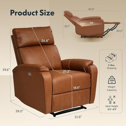 FLEXISPOT X3 Power Recliner Chair, Adjustable Electric Recliner with USB Port, Thick Cushion & Padded Back, Comfortable Faux Leather Chair for Adults, Living Room, Nursery, Home Theater (Saddle Brown)