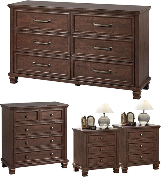 Farmhouse Bedroom Dresser and Nightstand Set of 4, 6 Drawer Low & 5 Drawers Dresser & 3 Drawer Nightstand Set with Wooden Legs, Rustic Wood Bedroom Furniture for Livingroom, Hallway, Walnut
