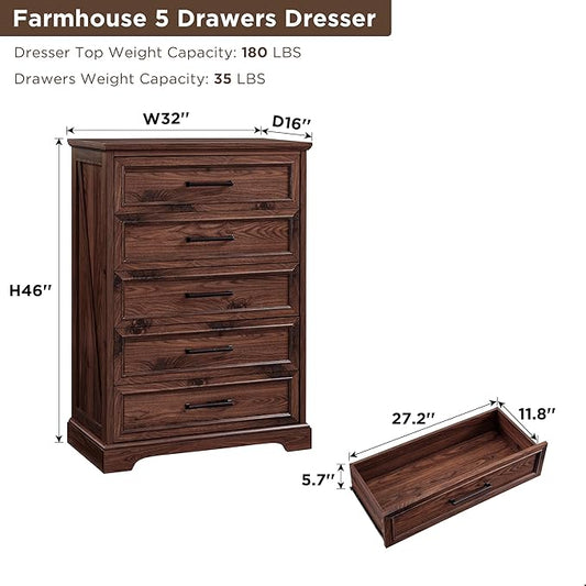 ACCOHOHO Farmhouse 5 Drawers Dresser Chests for Bedroom,46" Tall Wood Rustic Chest of Drawers with Wide Metal Handle,Natural Texture,Drawer Organizer for Bedroom,Living Room,Hallway and Entryway,Brown