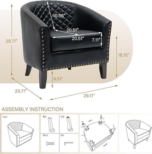Pia Ricco Faux Leather Barrel Accent Chair, Modern Club Arm Chair Comfy Upholstered Single Sofa Chair with Solid Wood Legs and Nailhead Trim for Living Room/Reading Room, Black
