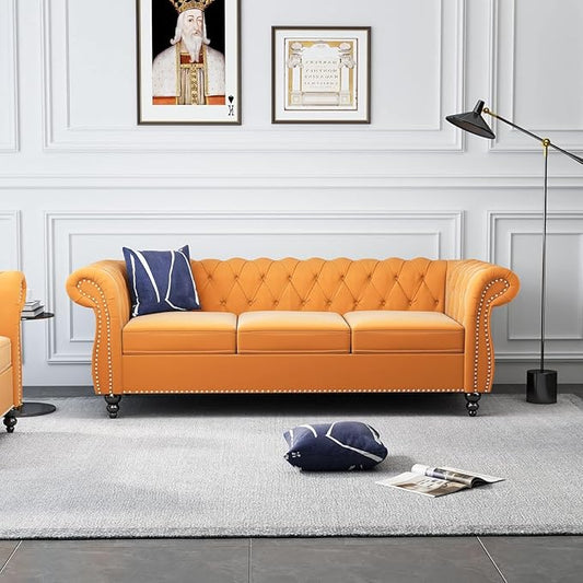 Chesterfield 3 Seater Sofa, Modern Velvet Tufted Couch 3 Seater with Rolled Arms and Nailhead Mid-Century Upholstered Couch for Living Room, Bedroom, Apartment and Office, Yellow