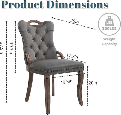 Velvet Dining Chairs Set of 2, Solid Wood Handles, Wooden Upholstered Dining Chair, Vintage Copper Nail Decoration, Mid Century Modern Kitchen Chair (Grey, Set of 2)