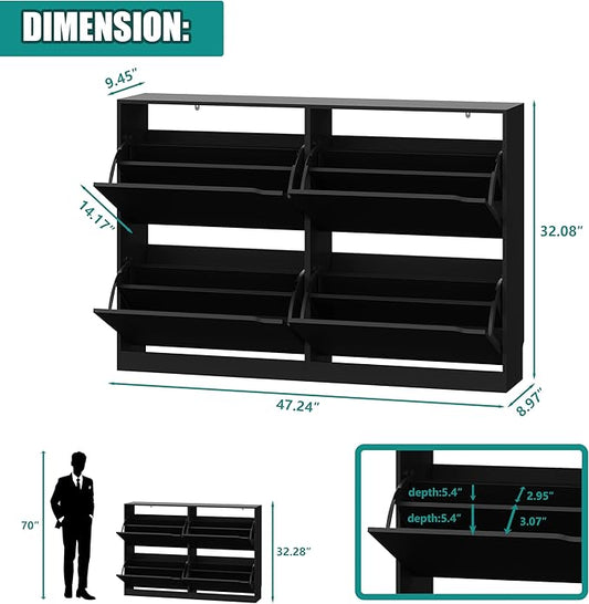 Shoe Storage Cabinet for Entryway with 4 Flip Drawers, Sturdy Wood Hidden Shoe Storage, Freestanding Narrow Slim Shoe Organizer for Front Door Entrance, Living Room, Hallway, Bedroom, Black