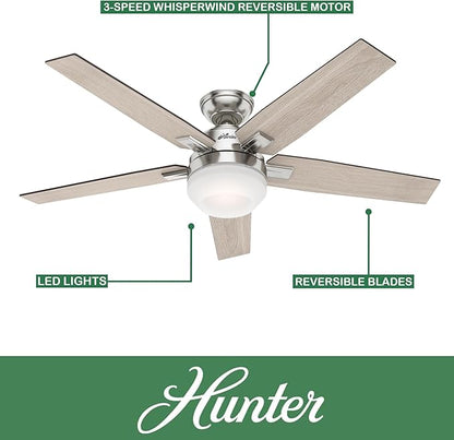 Hunter Fan 52 inch Contemporary Brushed Nickel Indoor Ceiling Fan with Light and Remote Control for Bedroom, Living Room/Family Room, Dining Room, Kitchen, Office (Renewed)