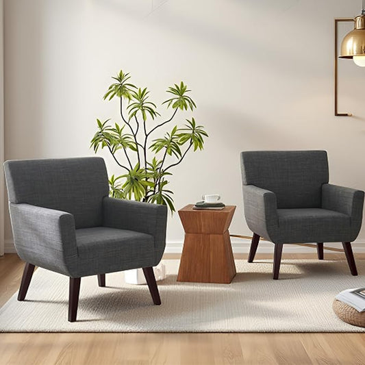 Upholstered Accent Chair,Mid Century Modern Office Fabric Small Living Room Chair with Arm,Comfy Wingback Armchair for Bedroom Reading (Grey, 2 PC)