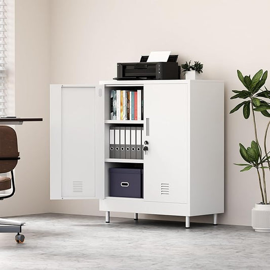Metal Storage Cabinet with Locking Doors and Adjustable Shelves, Small Lockable Storage Cabinet for Home Office Garage Pantry Entryway Living Room (White)