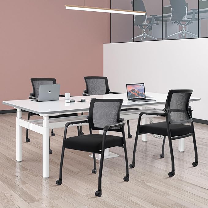 Office Guest Chairs No Wheels | Ergonomic Lumbar Support and Thicked Seats Cushion, Desk Chair with Adjustable Mesh Back for Waiting Room School Church Reception，Black 2PK