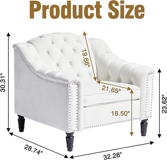 LEVNARY White Velvet Chair for Bedroom, Upholstered Sofa Chair with High Back, Mid-Century Modern Armchair with Solid Wood Legs, Single Couches for Living Room (White)