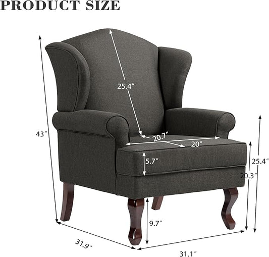 Pia Ricco Set of 2 High Back Accent Chairs: Upholstered Fabric Armchairs with Solid Wood Legs - Retro Living Room Pair, Comfy Reading Sofa Seats-Charcoal Grey