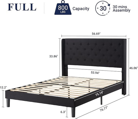 Allewie Full Size Bed Frame with Button Tufted Wingback Headboard, Modern Upholstered Bed Frame with Solid Wooden Slats Support - No Box Spring Needed, Easy Assembly, Black