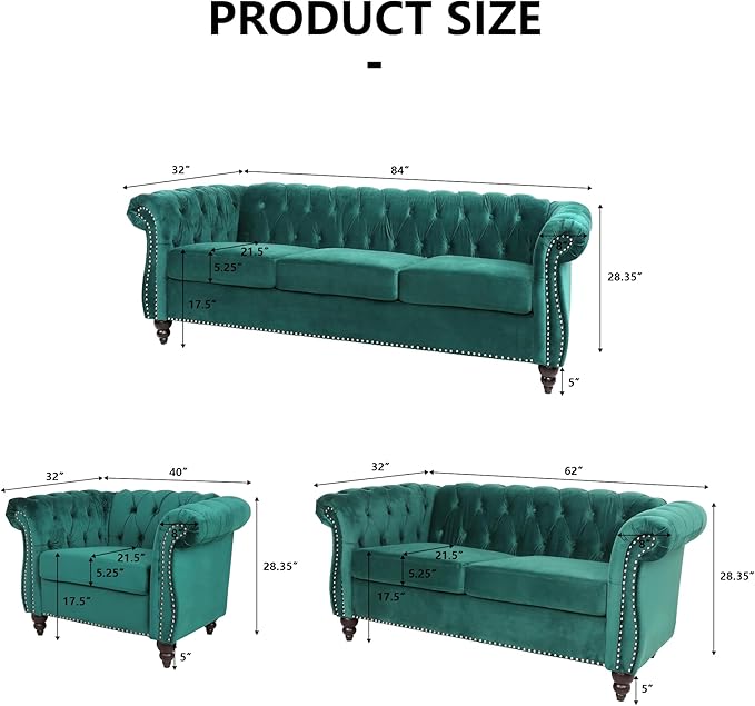 Velvet Sofa Couches Set, 3-Piece Mid Century Modern Upholstered Couch with Cushions, Home Sofa Sectional Furniture Sets, Comfy Tufted Chesterfield Couches for Living Room, Bedroom, Office