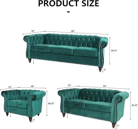 Living Room Velvet Sofa and Loveseat set, Mid Century Modern Upholstered Couch with Cushions, 2-Piece Home Sofa Furniture Sets, Comfy Tufted Chesterfield Couches for Living Room, Bedroom, Office