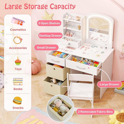 HONEY JOY Kids Vanity, Little Girls Vanity Set with Mirror and Stool and Lights, Wooden Princess Makeup Dressing Table, Storage Box & Shelf, Pretend Play Kids Vanity Table and Chair Set(White)