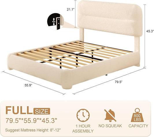 Full Size Cloud Bed Frame, Upholstered Boucle Platform Bed with Adjustable Headboard, Anti-Collision Soft Rounded Corners, Noise Free, Easy Assembly, Cream