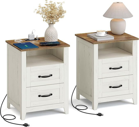 VASAGLE LIRY Collection - Farmhouse Nightstands with Charging Station, Set of 2 Bedside Tables, Side Tables with 2 Drawers, Open Compartment, for Bedroom, Rustic White and Honey Brown ULET869W01