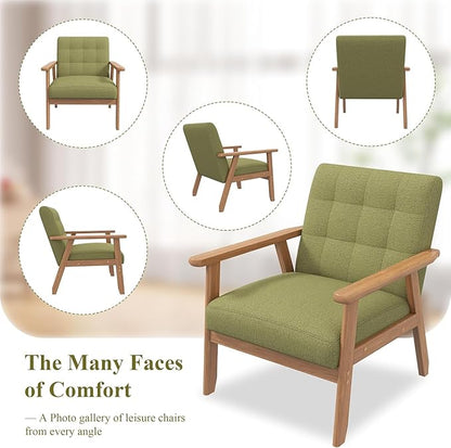 Westice Accent Chair 1PC, Mid-Century Modern Living Room Chairs with Solid Wood Frame & Soft Thicken Cushion, Upholstered Reading Arm Chair for Bedroom, Balcony, Green Linen Fabric & Natural Legs