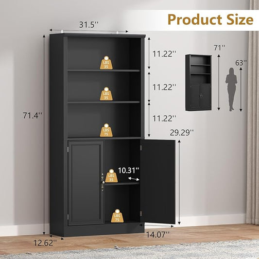 72'' Tall Bookcase with Doors, Adjustable Shelves, P2 MDF Construction, 32'' Wide Freestanding Cabinet with Metal Handles, Hidden Storage for Living Room, Bedroom, Black