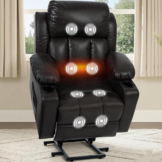FLEXISPOT XL31-L Power Lift Recliner Chair for Elderly, Electric Lift Chair with Massage & Heat, PU Leather Reclining Sofa with Cup Holders, Side Pockets for Living Room Bedroom(Large Size, Charcoal)