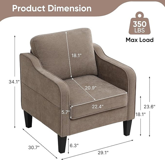 Accent Chair for Living Room, Mid Century Modern Reading Chair for Bedroom, Upholstered Armchair with Side Pockets, Comfy Single Sofa Side Chair for Office, Apartment, Small Room, Brown